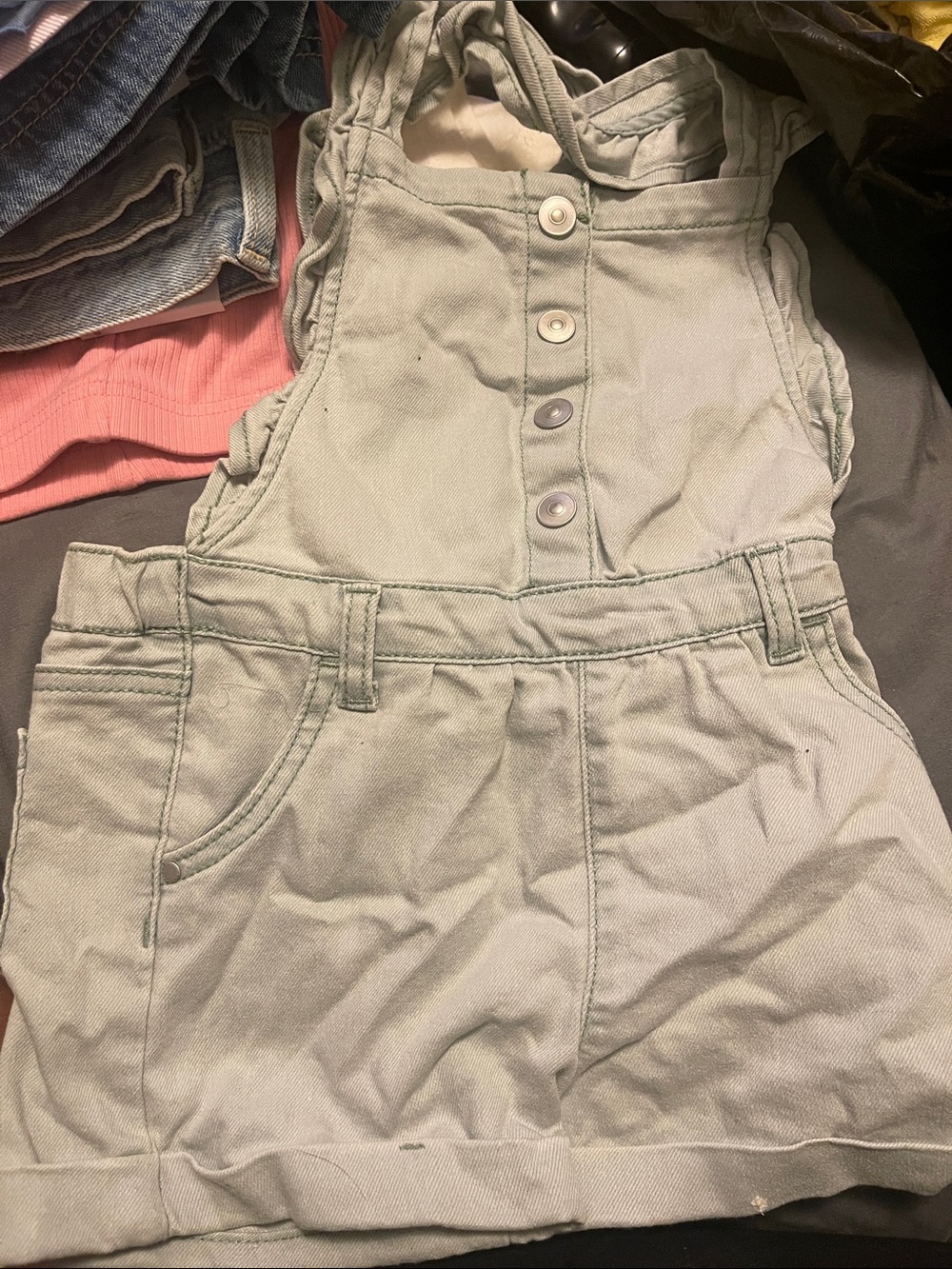 Light Sage Green Button-Front Denim Overall Dress